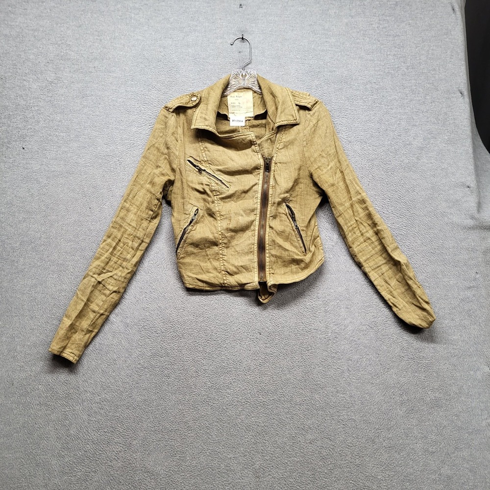 Free People Women Jacket 6 Khaki Linen Moto Zipper Button Long Sleeve READ